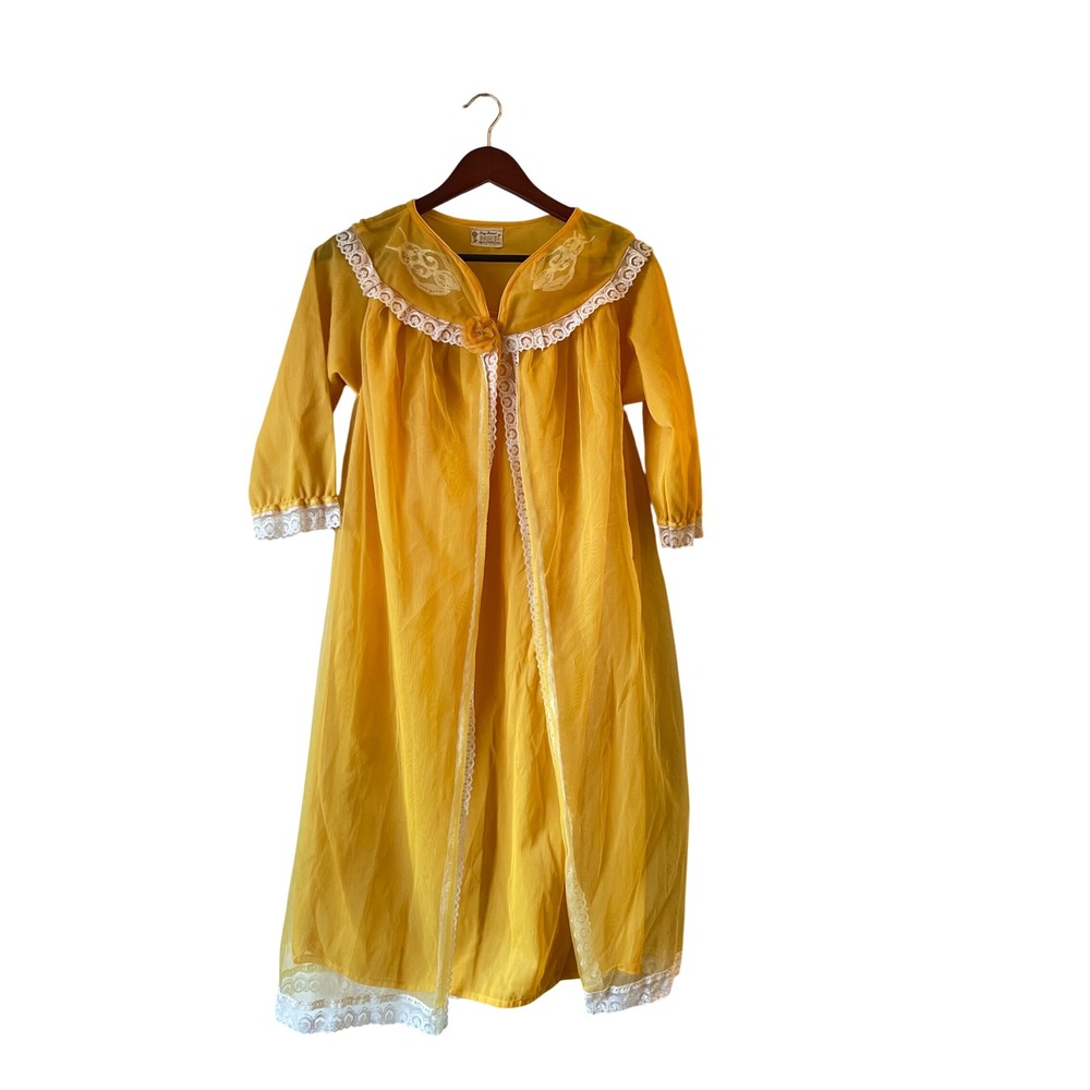 Vintage Key Brand Marigold Yellow Chiffon Lace Trim Embroidered Robe Peignoir Sm
